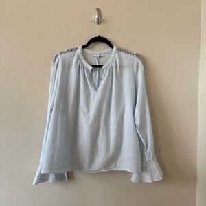 Heartloom-Baby Blue Swiss Dot/Ruffle Back Bell Sleeve Cotton Blouse (Size:Large)